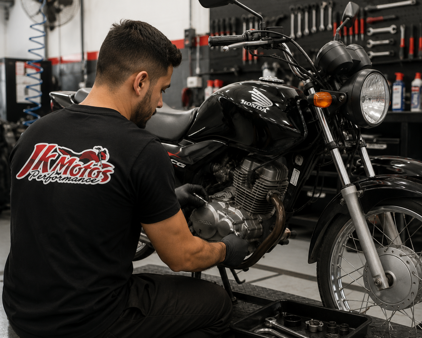 Mecânico realizando manutenção em moto na oficina JK Motos